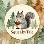 SqueakyTale logo featuring a chubby grey squirrel mascot for a warm forest storytelling brand.